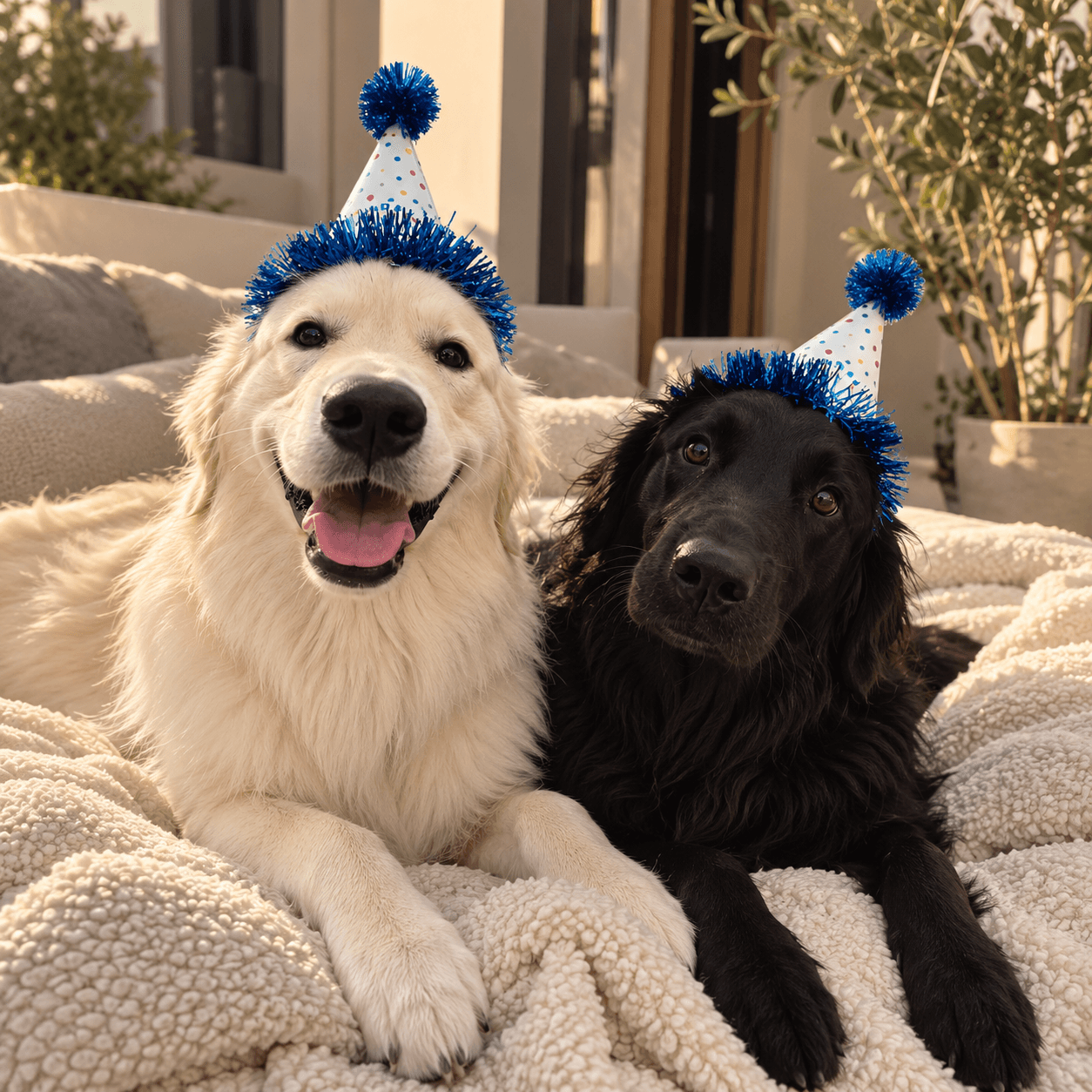 Two dogs in blue party hats lying together on a cream sheepskin blanket in warm afternoon light — one cream-colored and smiling, one black and looking at the camera